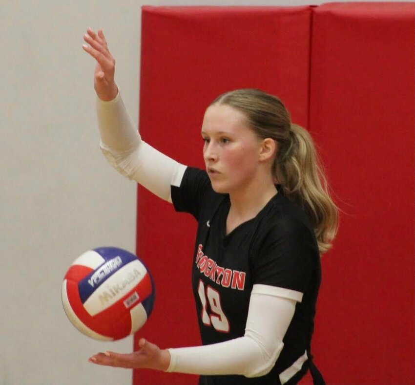 Sophia Yokley prepares to serve in recent volleyball action at Stockton High School. The Lady Tigers recorded 3 wins last week.