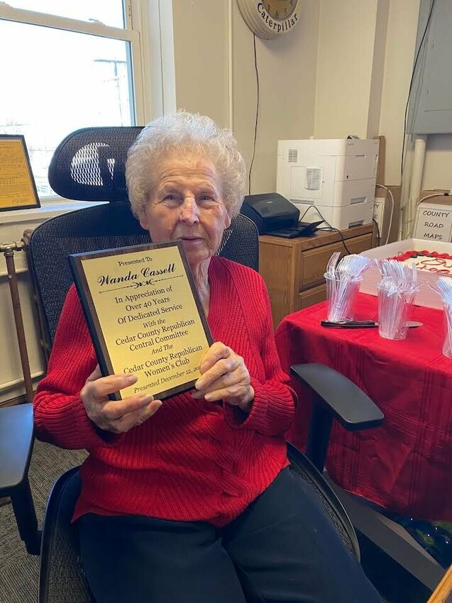 Wanda Cassell is honored by Cedar County Republican Central Committee and Women's Club Honor Wanda Cassell for over forty years of service.