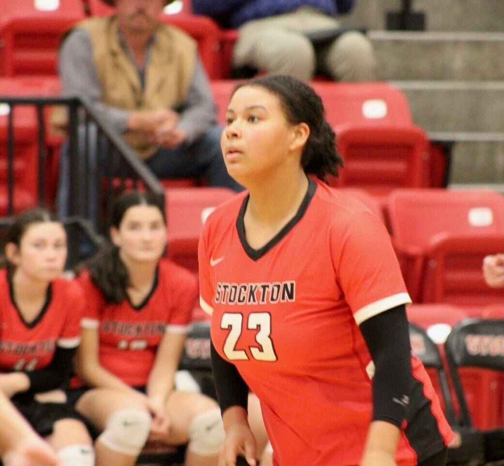 Shia Roberts awaits a serve in volleyball action last week at Stockton. The Lady Tigers split with Skyline and Marionville, defeating Skyline 3-2 before falling to Marionville on Thursday