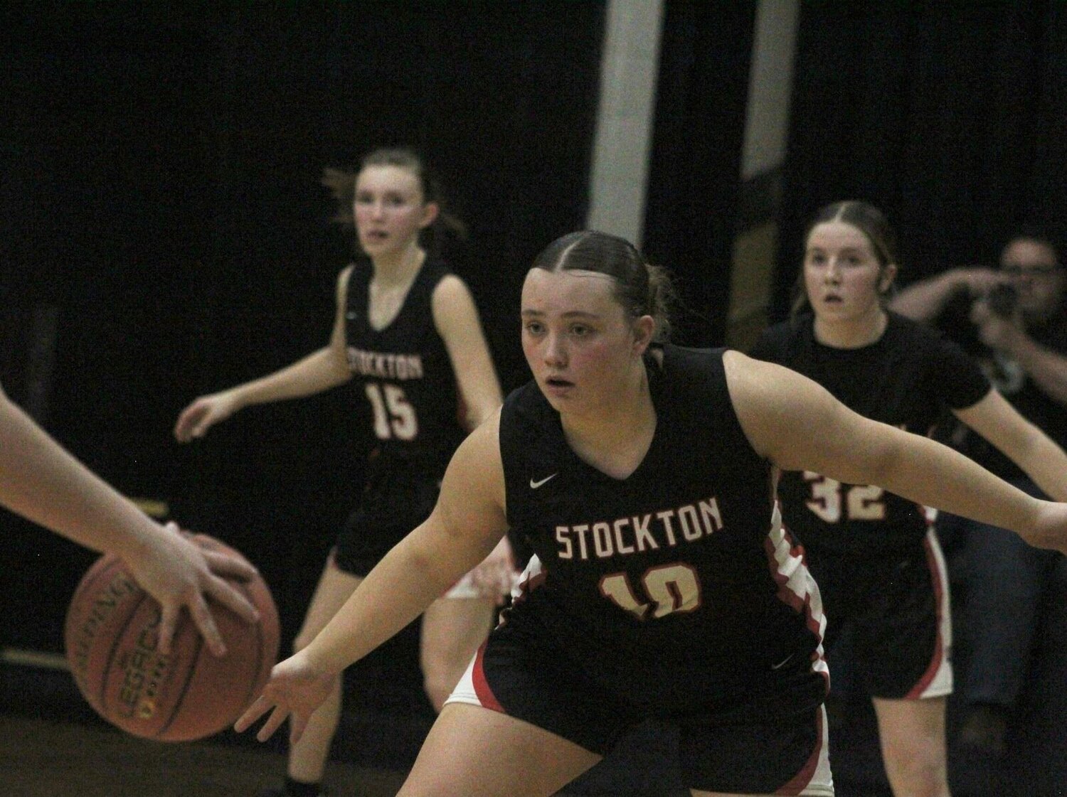 Makinsie Griffis (#10), Lillie Burchett (#15), and Taly Bock (#32) helped lead the Lady Tigers to an overtime victory at Adrian last Friday, winning 50-48.